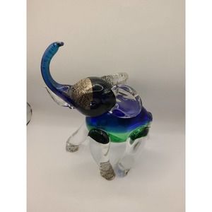 Exquisite Murano italy Glass Elephant Signed N. Barbaro 282/500 Blue Green Gold